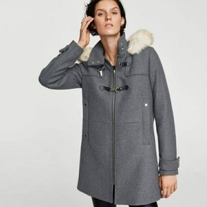 MANGO - Grey Coat - Wool Blend/Faux Fur Hoodie